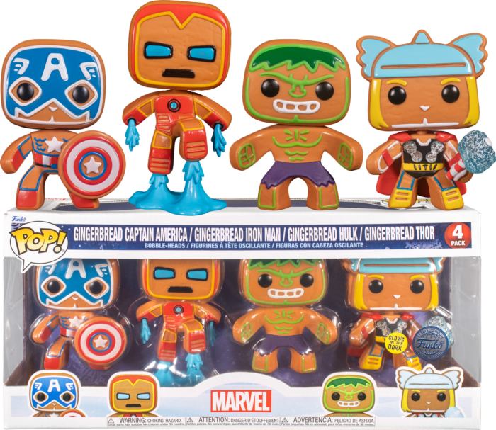 Funko Pop! Marvel: Holiday - Gingerbread Captain America, Iron Man, Thor & Hulk Glow in the Dark - 4-Pack - The Amazing Collectables