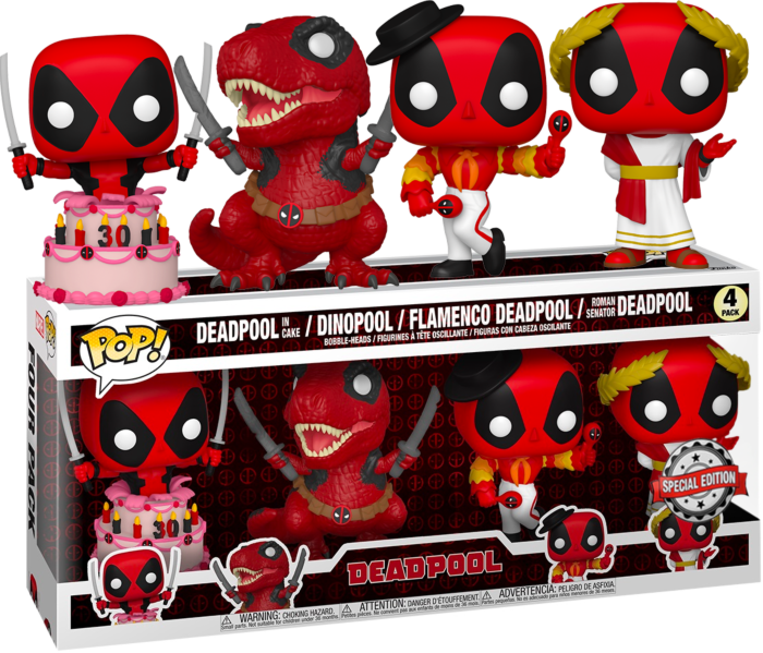 Funko Pop! Deadpool - Deadpool in Cake, Dinopool, Flamenco & Roman Senator 30th Anniversary - 4-Pack - The Amazing Collectables