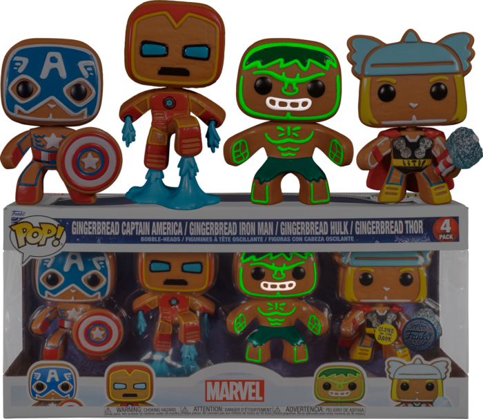 Funko Pop! Marvel: Holiday - Gingerbread Captain America, Iron Man, Thor & Hulk Glow in the Dark - 4-Pack - The Amazing Collectables
